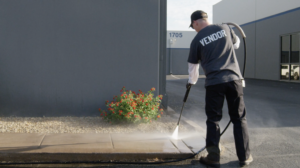 Glide Rite employee power washing a commercial property and their sidewalk. 